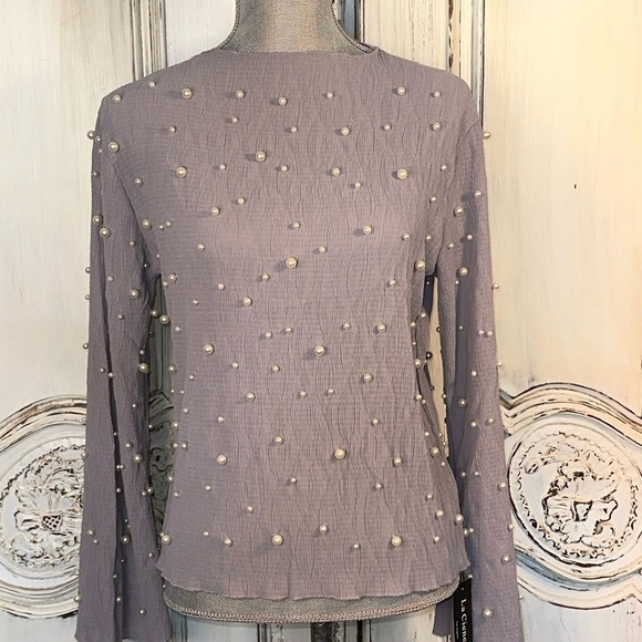 La Cienega’ Tops - La Cienega’ Pearls Embellished Long Sleeve Pop Over Occassion Top Size M NWT